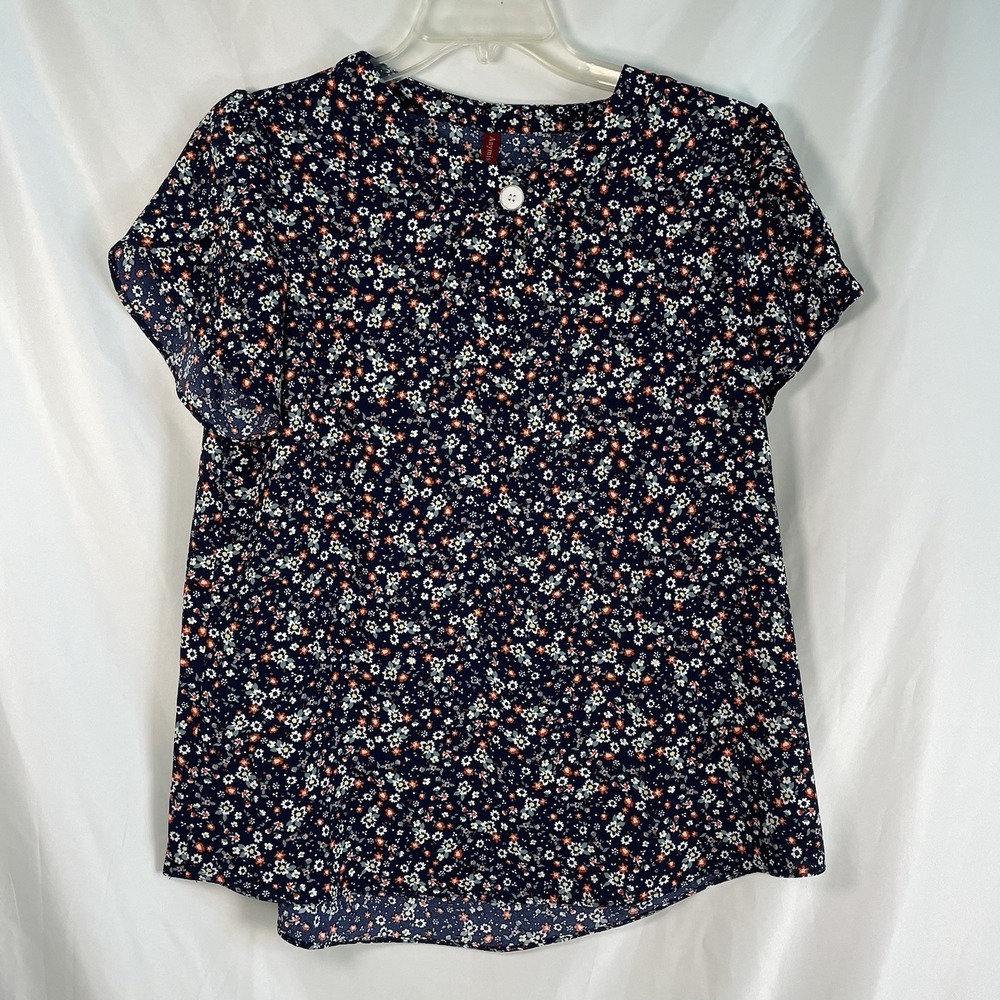AnyMiss Women's Blue Floral Flutter Sleeve Tunic Chiffon Top, Size L Flowers